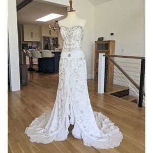 White Strapless Crystal Stoned Floor Length Gown with Train